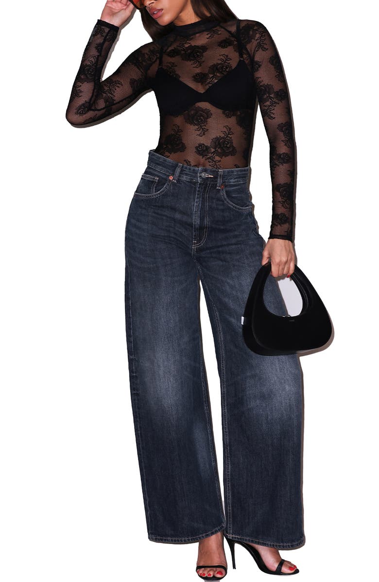 Fleur Du Mal High Neck Lace Bodysuit, Main, color, Black