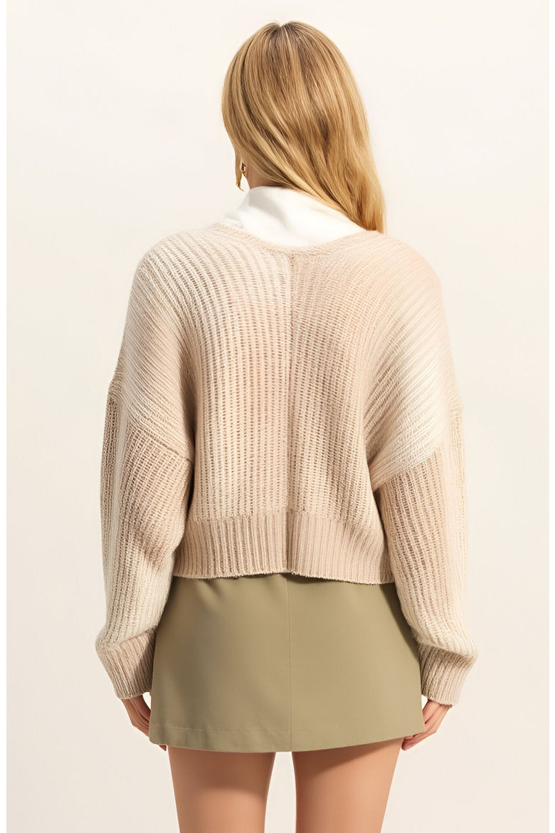 Ribbed Knit Cardigan with Drop Shoulders, Relaxed Fit and Cropped Hem, Alternate, color, Beige / Cream