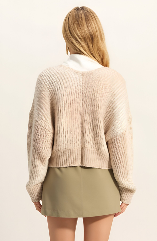 Modenaire Ribbed Knit Cardigan With Drop Shoulders, Relaxed Fit And Cropped Hem In Neutral