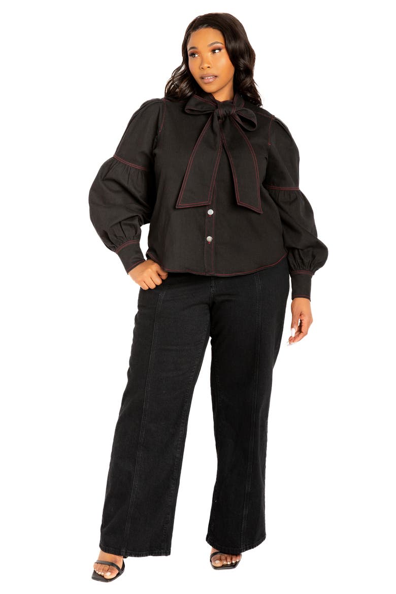 Bow Neck Puff Shoulder Denim Shirt, Alternate, color, DENIM BLACK