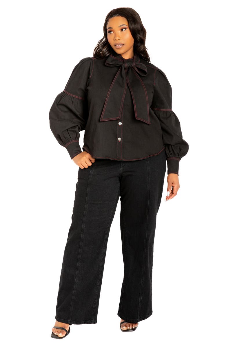 BUXOM COUTURE Bow Neck Puff Shoulder Denim Shirt, Alternate, color, Denim Black