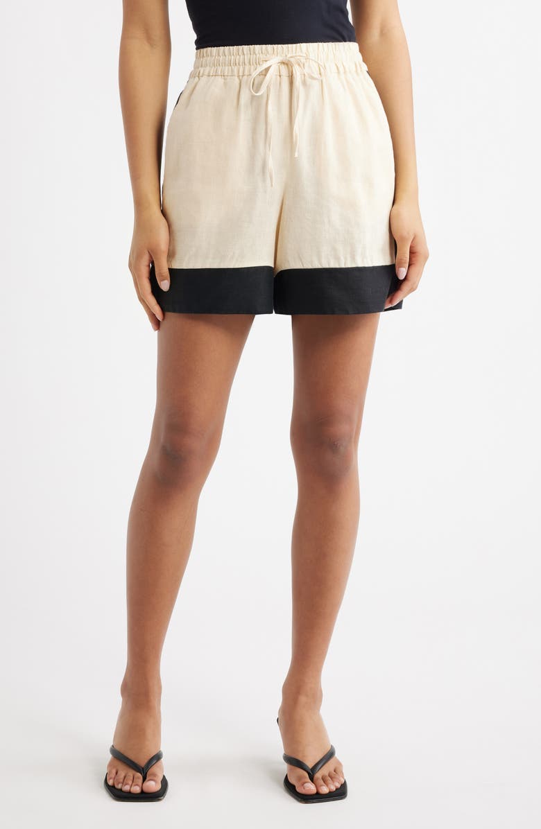 MANGO Morti Colorblock Linen Shorts, Main, color, Ecru