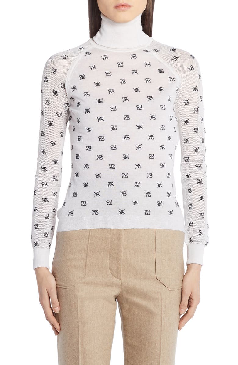 Fendi Logo Embroidered Mesh Sleeve Wool, Silk & Cashmere Sweater, Main, color, 