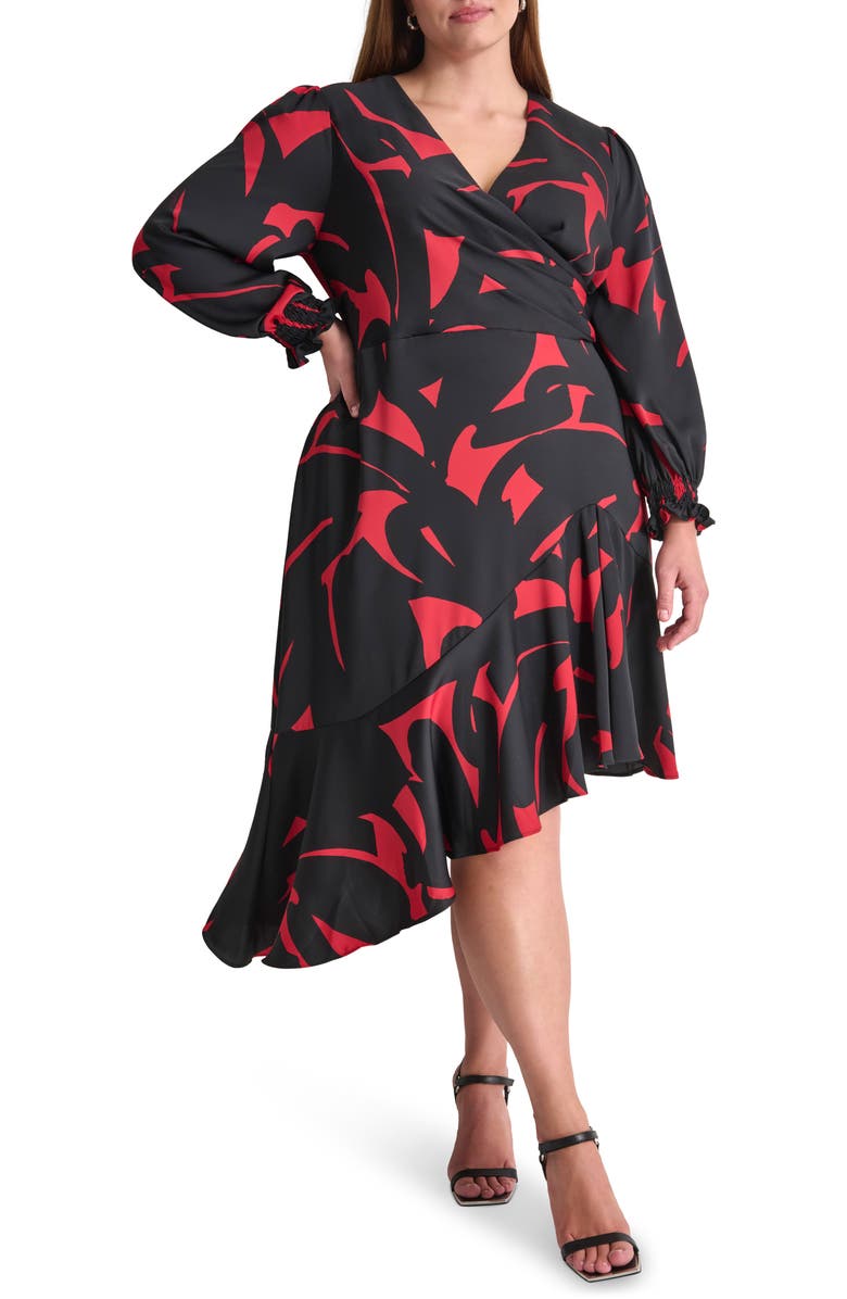 DKNY Long Sleeve Surplice Neck Dress, Main, color, Black/ Scarlet