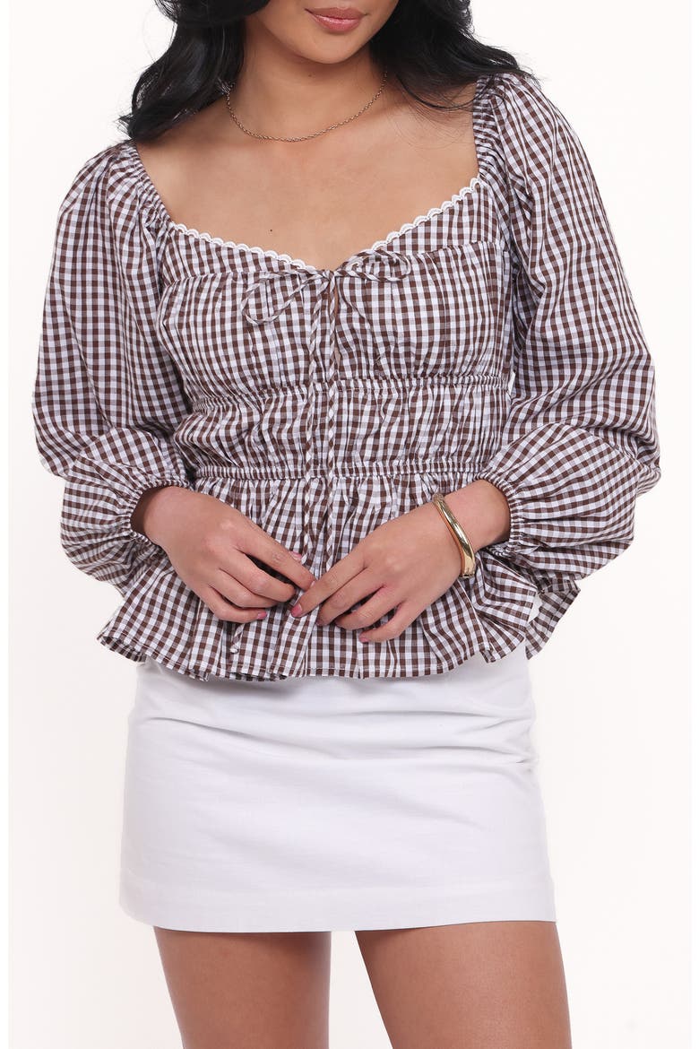 Saphia Cotton Gingham Top, Main, color, BROWN GINGHAM