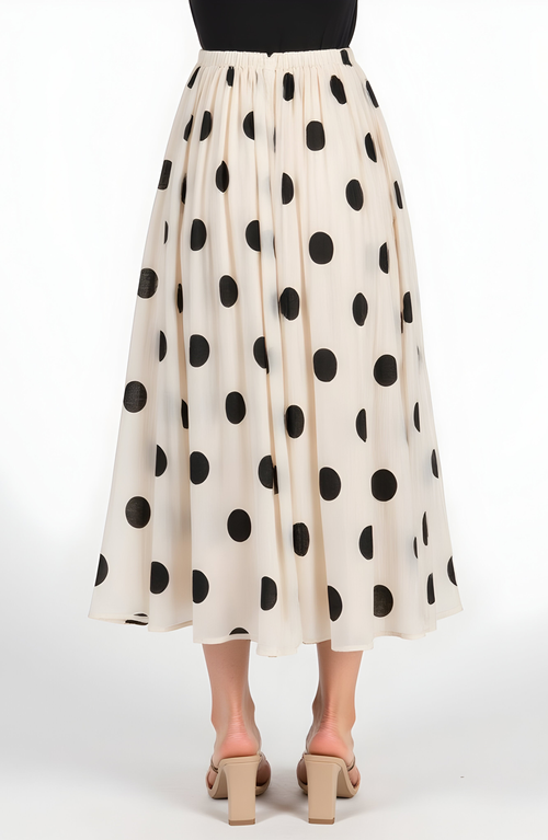 Modenaire Polka Dot Pleated Midi Skirt In White