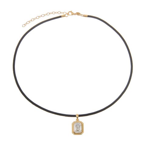 Lab Grown Diamond Emerald Bezel Leather Chain Necklace 14K