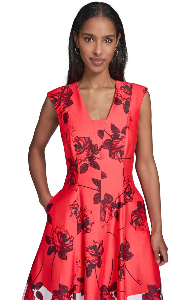 KARL LAGERFELD PARIS Floral Colorblock Stretch Cotton Midi Dress, Alternate, color, 