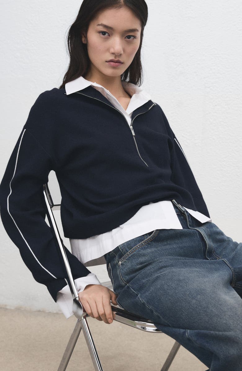 MANGO Contrast Stripe Half Zip Sweater, Alternate, color, Navy