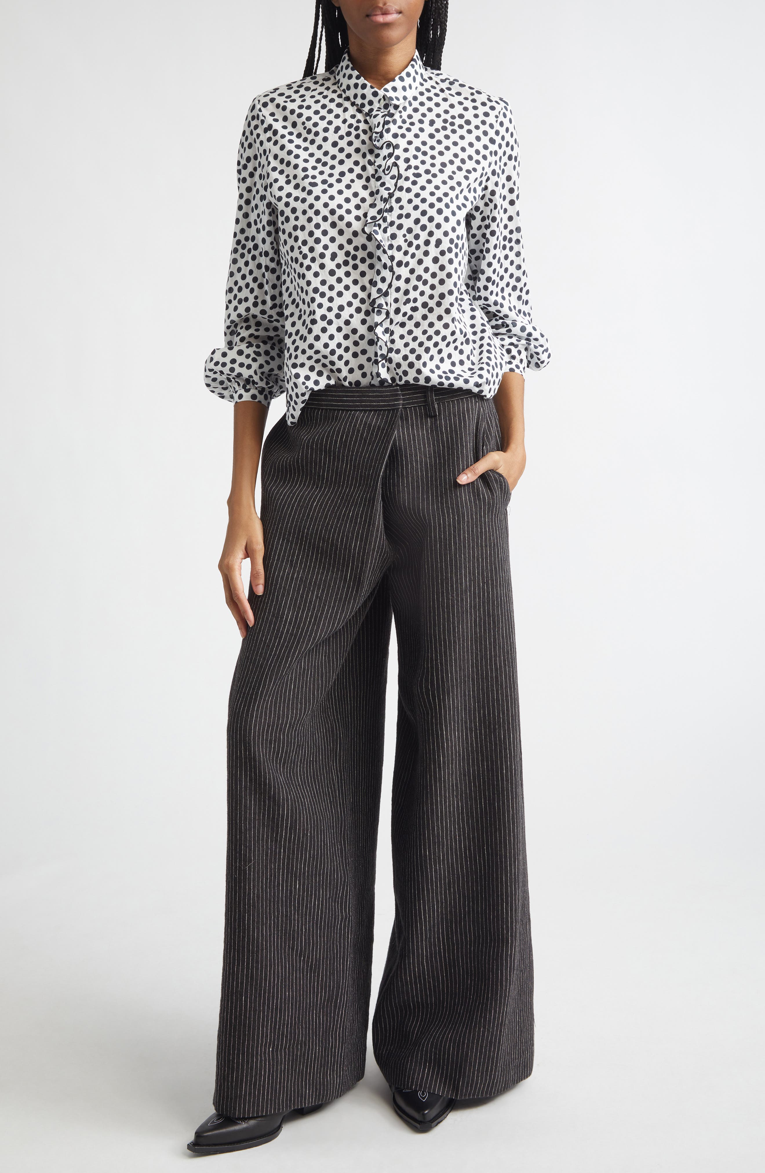 Polka Dot Ruffle Trim Button-Up Shirt - image 2
