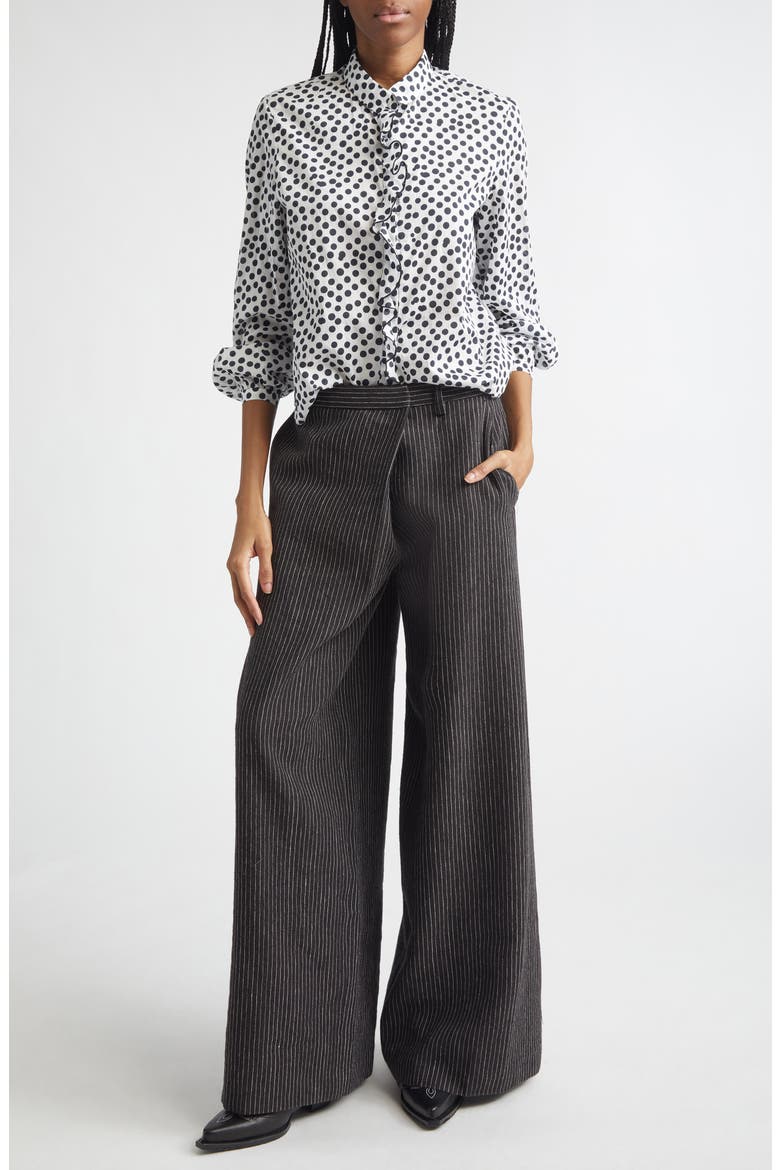 Polka Dot Ruffle Trim Button-Up Shirt, Alternate, color, WHITE WITH ALL OVER POLKA DOT