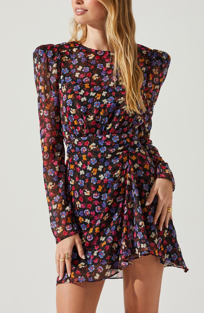 ASTR the Label Cindy Floral Long Sleeve Chiffon Minidress, Alternate, color, Blue Red Ditsy