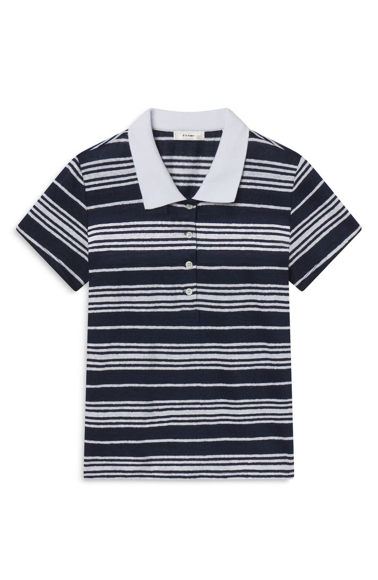 FRAME The Stripe Stretch Linen Polo Top, Main, color, Navy Multi