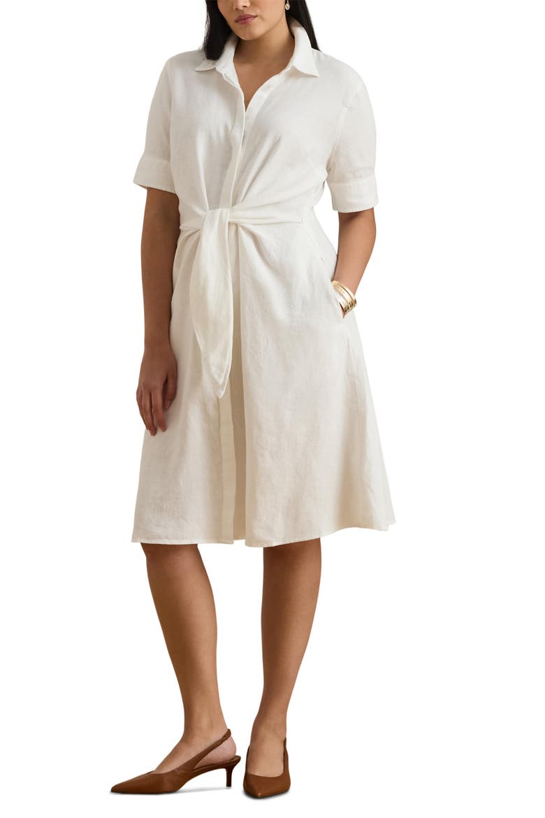 Tie Front Linen Shirtdress, Main, color, WHITE