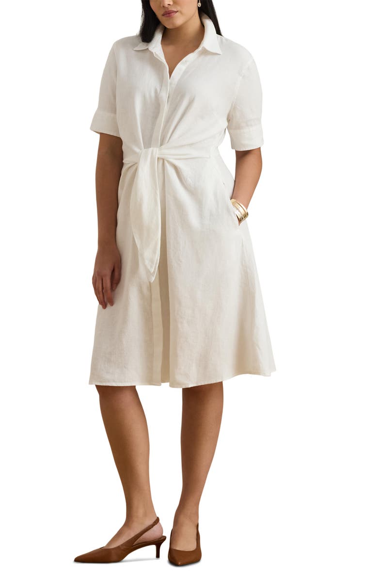 Lauren Ralph Lauren Tie Front Linen Shirtdress, Main, color, White
