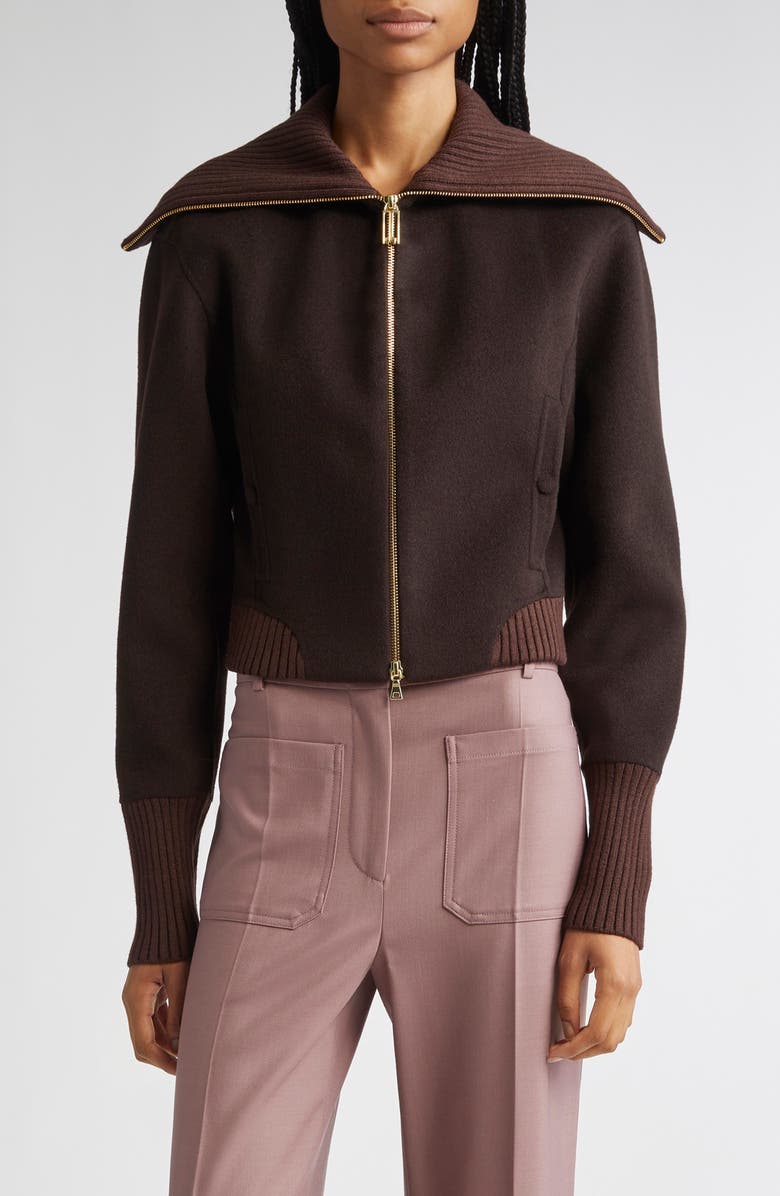 Victoria Beckham Double Face Wool & Cashmere Bomber Jacket, Main, color, Dark Chocolate / Coco