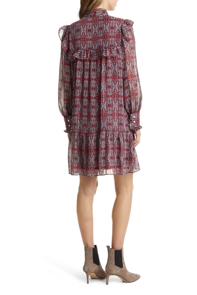 Ruffle Yoke Tie Neck Long Sleeve Dress, Alternate, color, RED MULTI