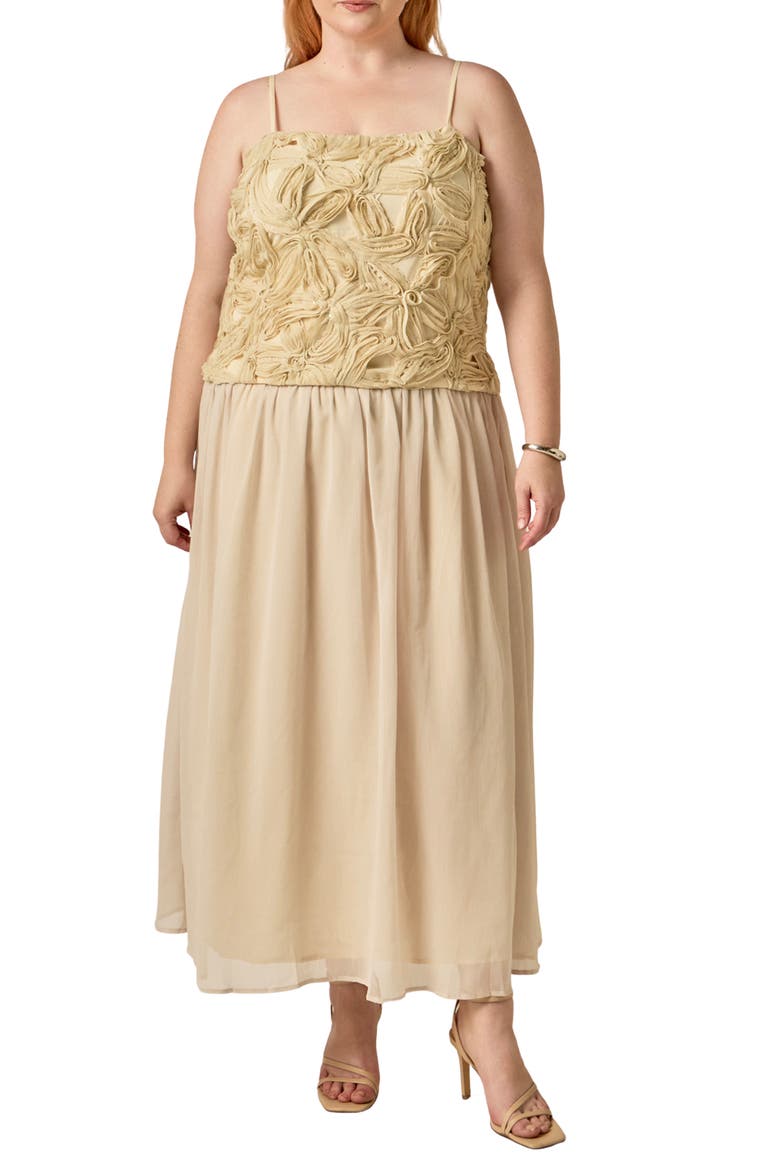 Mixed Media Appliqué Maxi Dress, Main, color, BEIGE