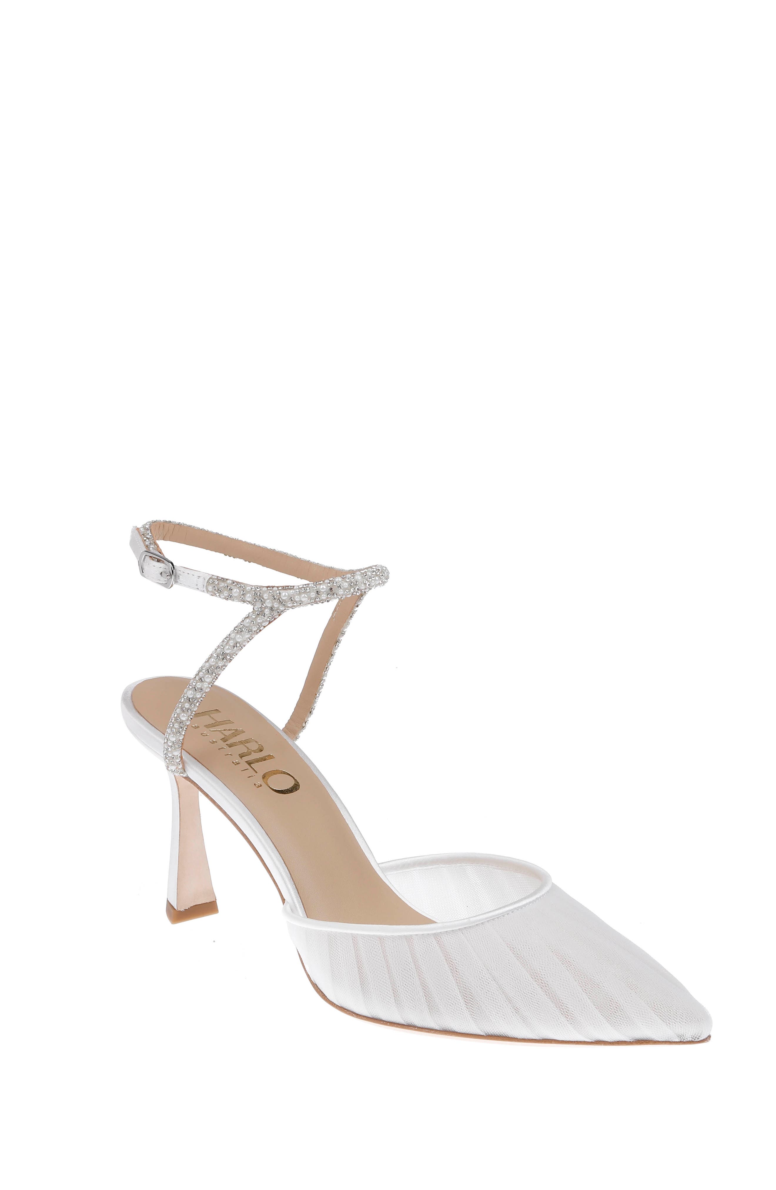 HARLO Australia Georgia Pearl - Pleated Tulle & Pearl Detail Bridal Heel, Alternate, color, Soft White Satin