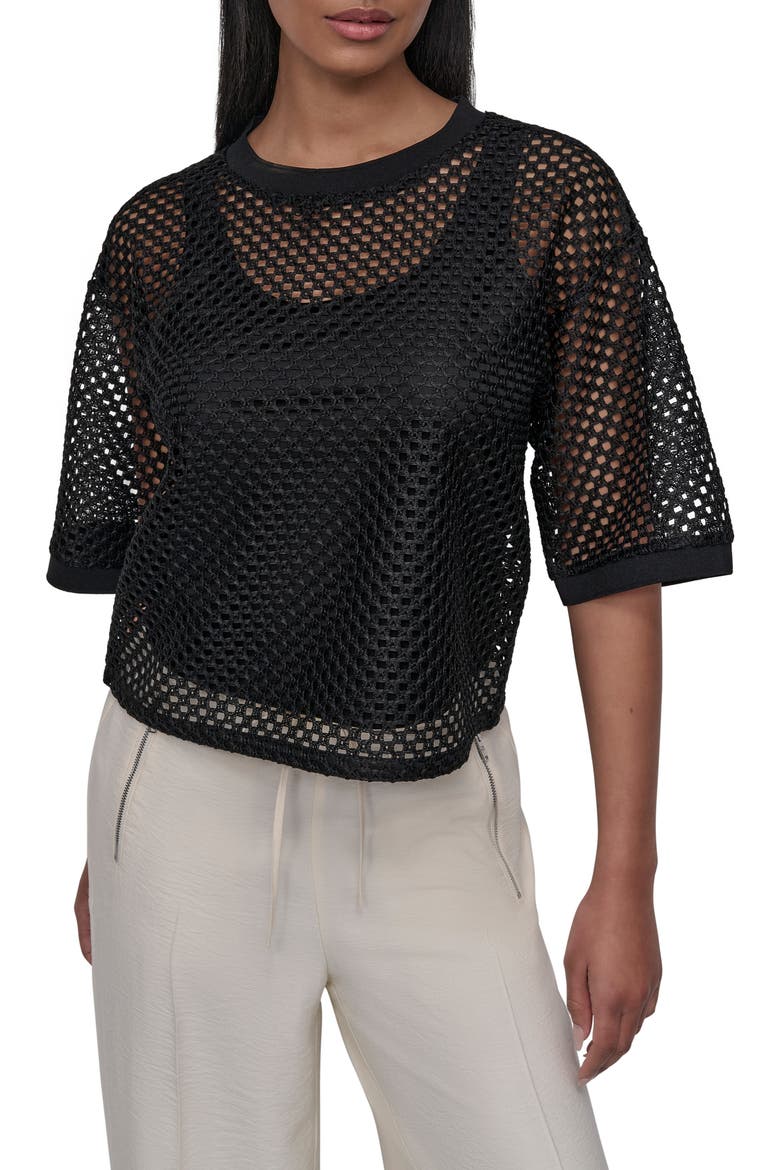 Open Stitch Short Sleeve Top, Main, color, BLACK