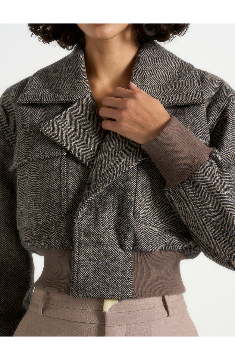 Manière De Voir Cosette Herringbone Wool Lapel Bomber Jacket, Alternate, color, Grey