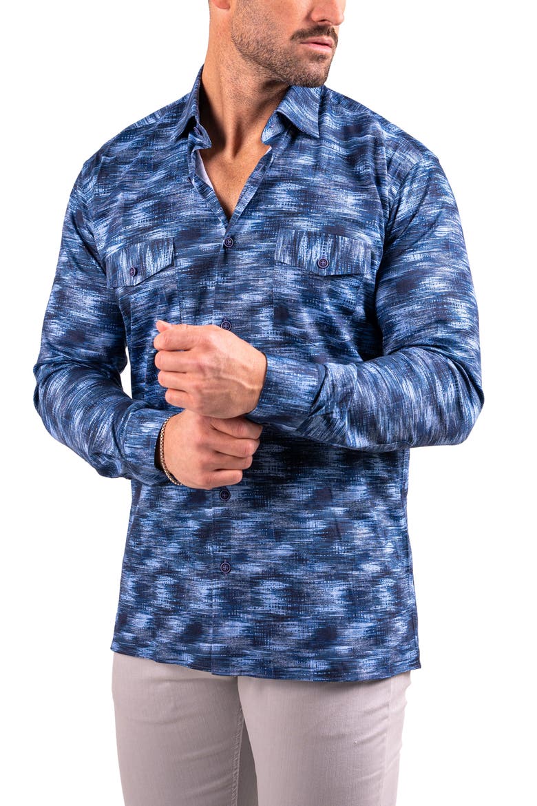 Denim Print Resistance Contemporary Button-Up Shirt, Alternate, color, BLUE