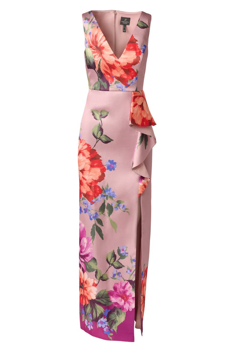 Floral Waterfall Ruffle Mikado Gown, Alternate, color, MAUVE MULTI