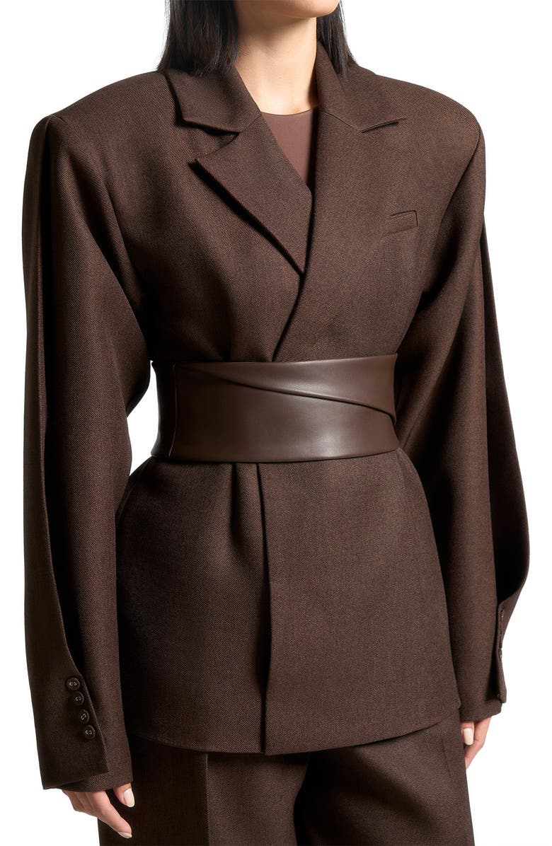 Manière De Voir Marie Twist Sleeve Tailored Blazer with Belt, Alternate, color, Brown