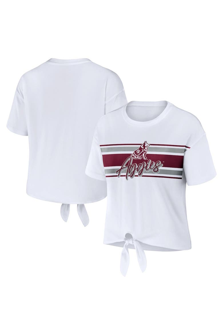 Women's WEAR by Erin Andrews White Texas A&M Aggies Striped Front Knot Cropped T-Shirt, Main, color, White