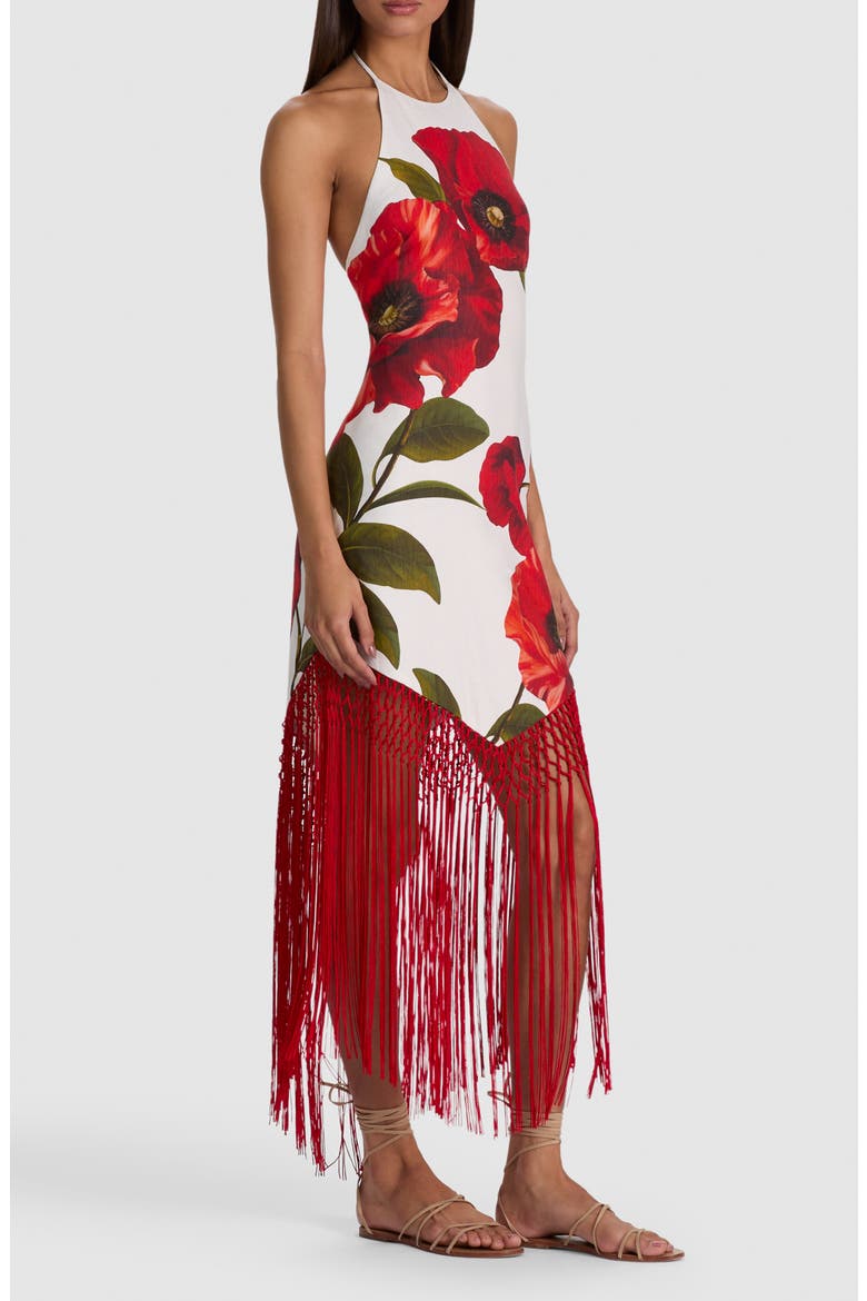Mallory Fringe Halter Linen Blend Maxi Dress, Alternate, color, SUMMER POPPY