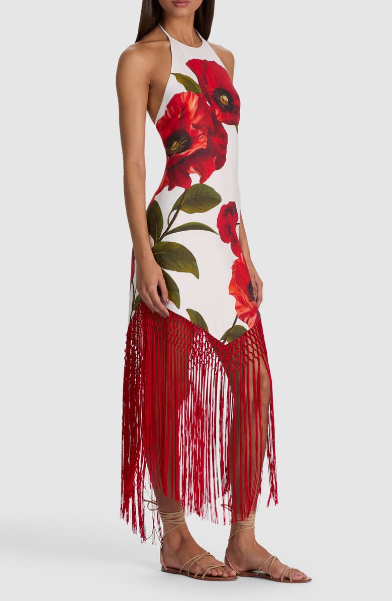 Alice + Olivia Mallory Fringe Halter Linen Blend Maxi Dress, Alternate, color, Summer Poppy