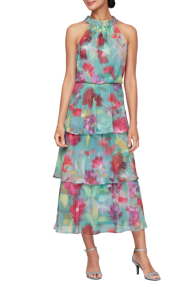 Tiered Halter Midi Dress, Main, color, PINK MULTI