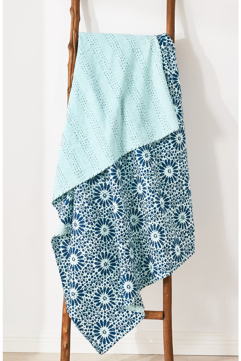 Flower Burst Kantha Cotton Throw Blanket, Alternate, color, INDIGO