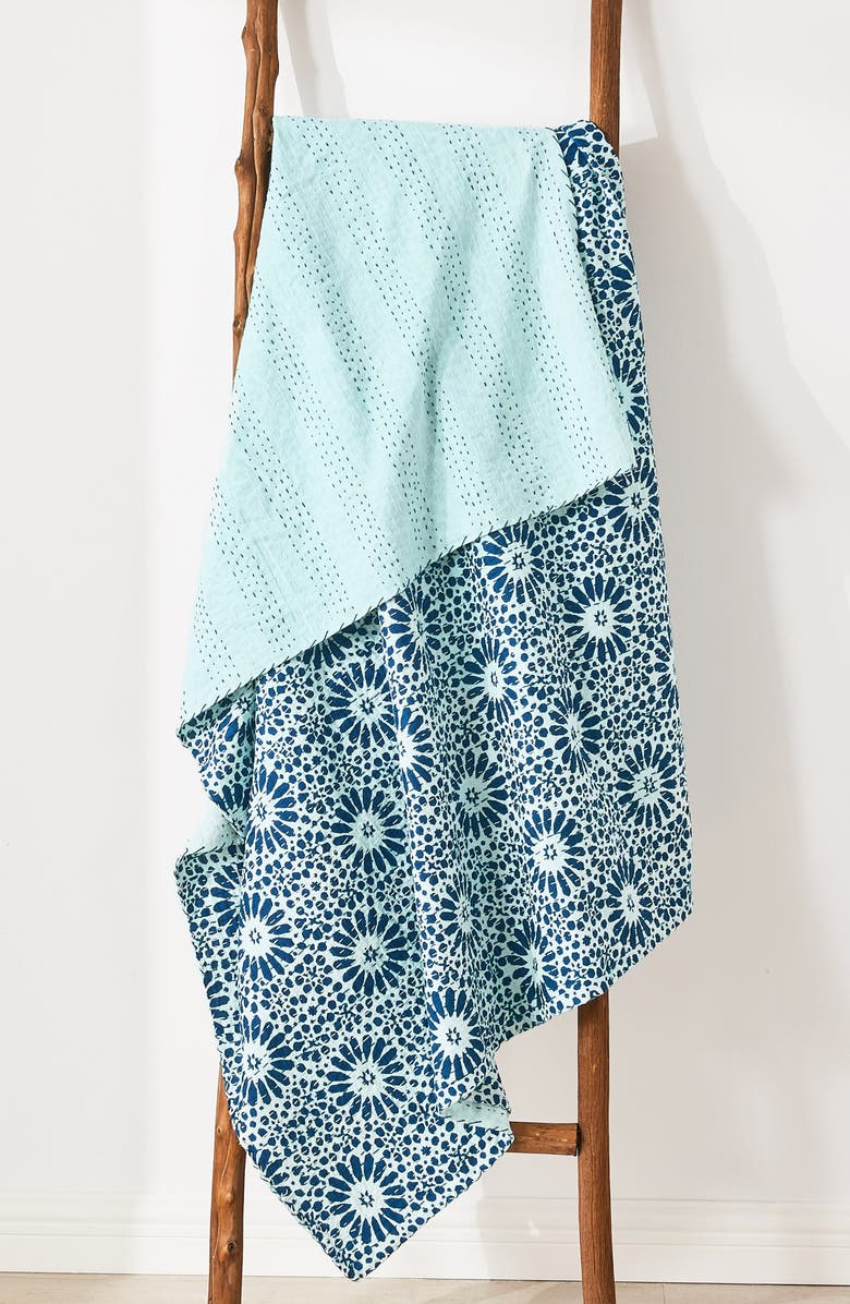 MELANGE HOME Flower Burst Kantha Cotton Throw Blanket, Alternate, color, Indigo