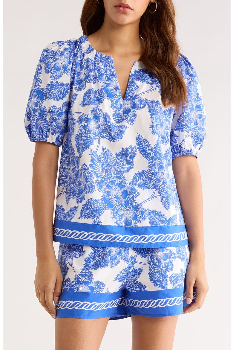 Rency Floral Billy Puff Sleeve Top, Main, color, WHITE-BLUE