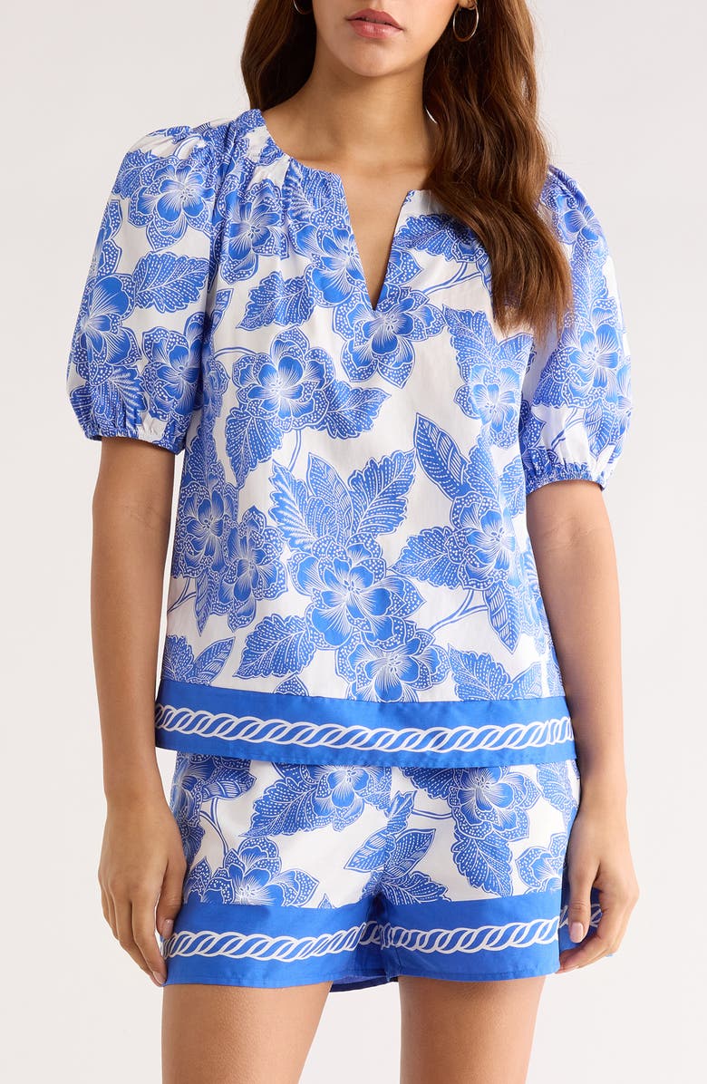 SUGARLIPS Rency Floral Billy Puff Sleeve Top, Main, color, White-Blue