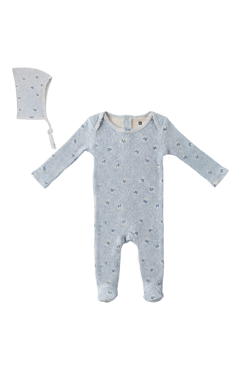Fragile Boy Floral Print Rib Romper with Bonnet, Main, color, Blue