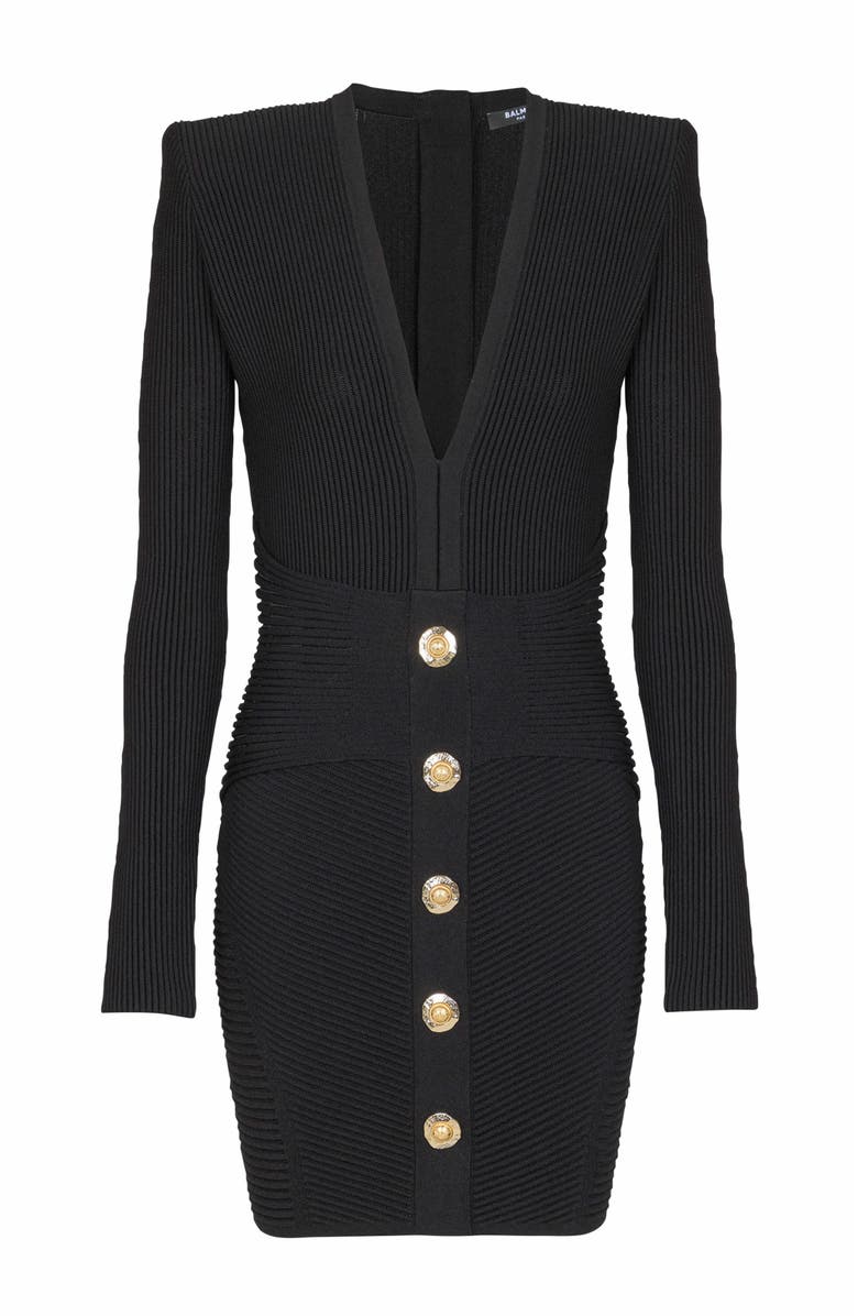 Balmain Short Ribbed Knit Bodycon Dress, Alternate, color, Black