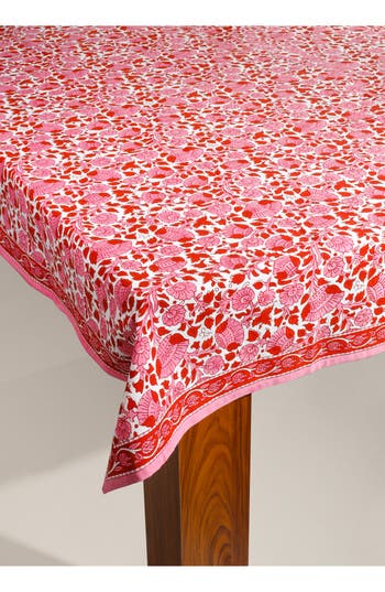 Tiramisu Crimson Infusion Block Print Cotton Tablecloth In Red