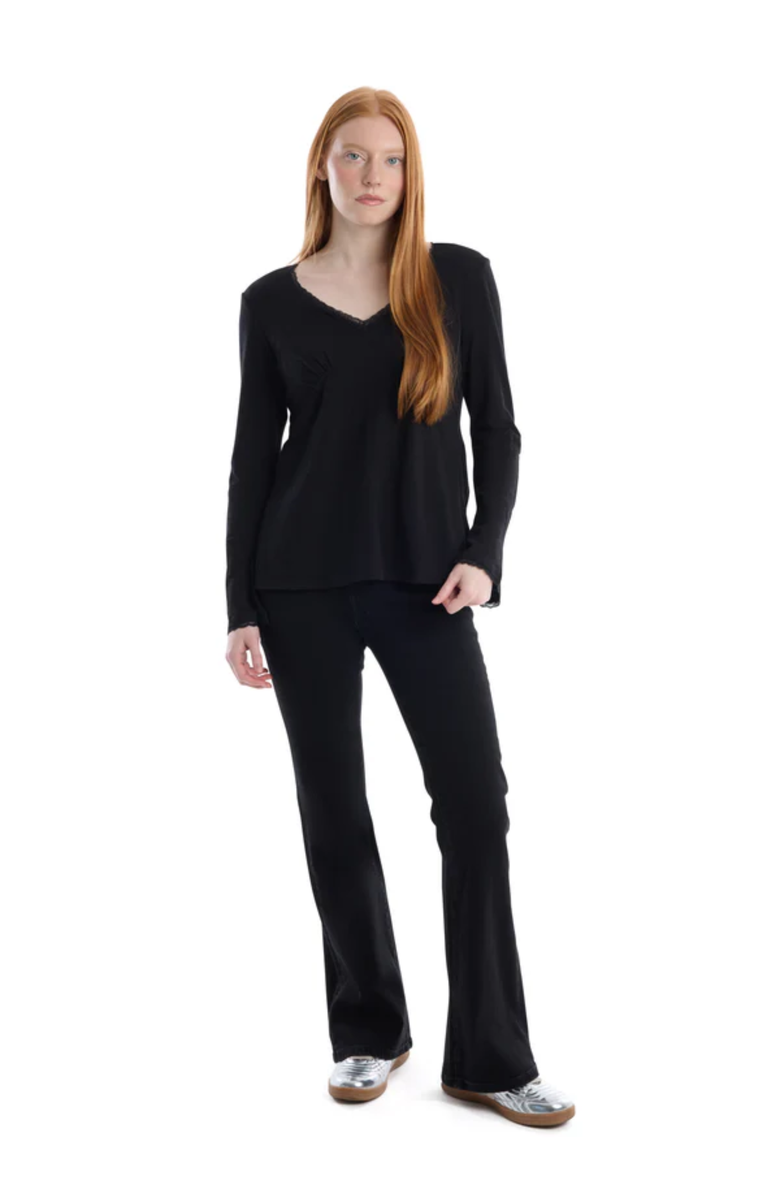 WILT Clothing V-Neck Long Sleeve Empire Seam Trapeze Tee with Lace Trims, Alternate, color, Black