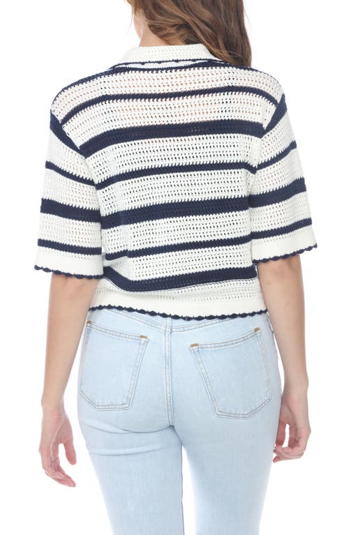 Rain And Rose Striped Open Stitch Polo In White/navy