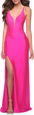La Femme Neon Prom Gown with Rhinestone Fabric and Deep V