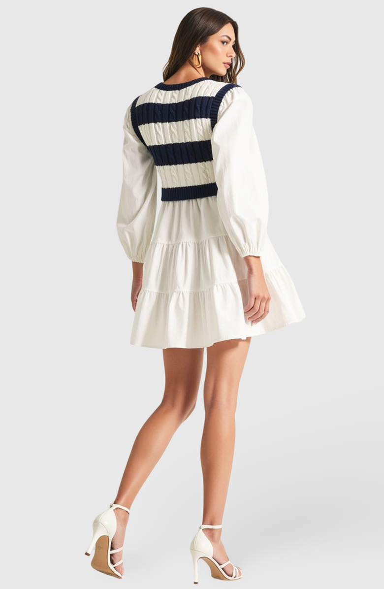 Modenaire Tiered Long Sleeve Mini Dress with Striped Knit Sweater Overlay, Alternate, color, 