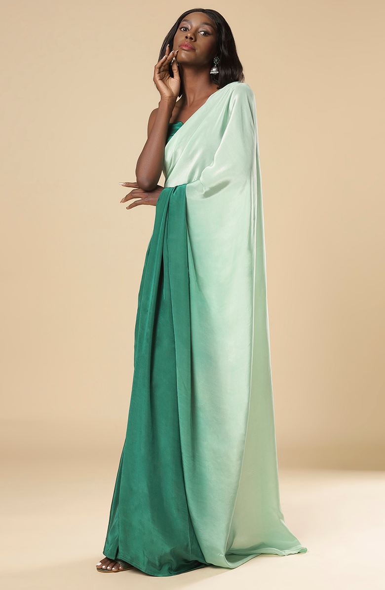 One Minute Saree<sup>®</sup> Cerah Green & Mint Ombre Satin Pre-Draped Ready to Wear Sari, Alternate, color, 