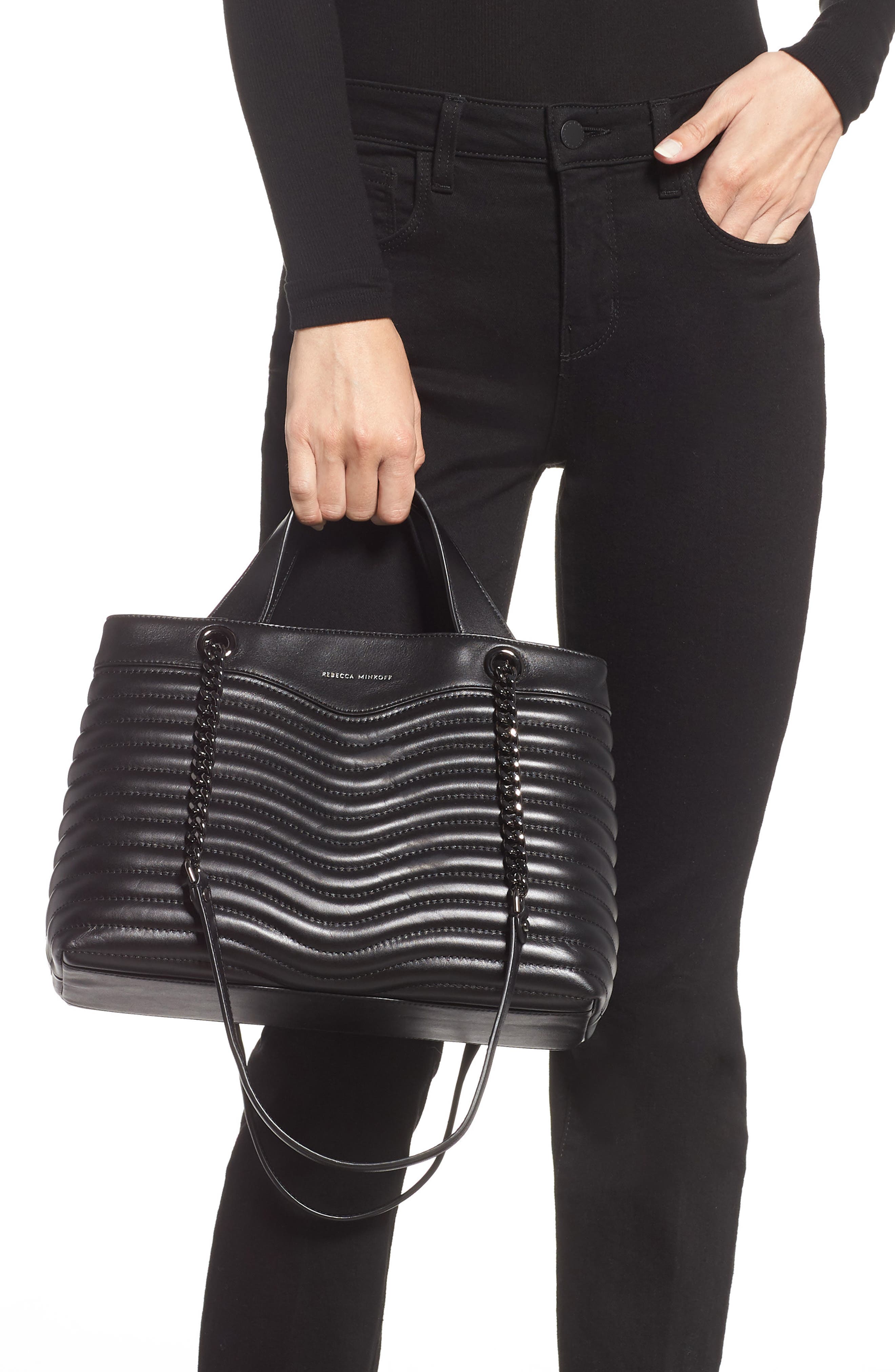 MAB Quilted Leather Satchel, Alternate, color, BLACK