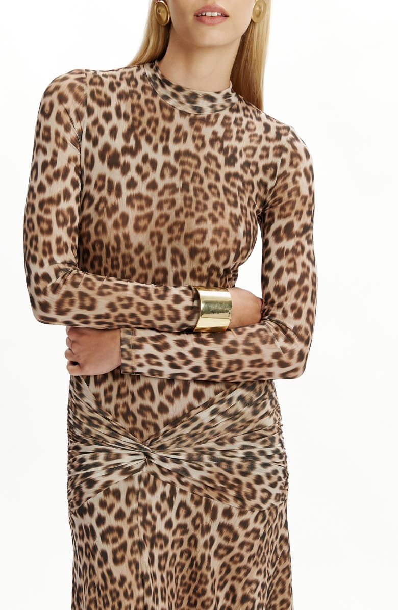 Bardot Lea Leopard Print Long Sleeve Mesh Midi Dress, Alternate, color, B Leopard