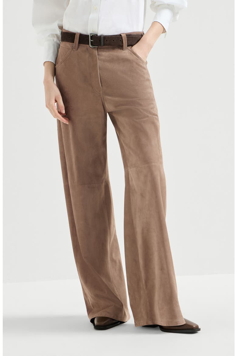 Suede baggy trousers with monili, Main, color, Light Brown