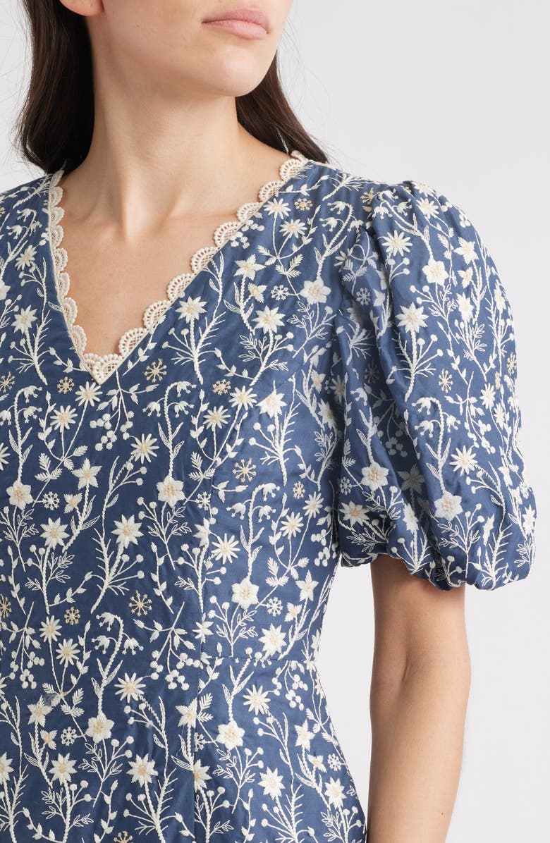 Eliza J Embroidered Puff Sleeve Dress, Alternate, color, Denim