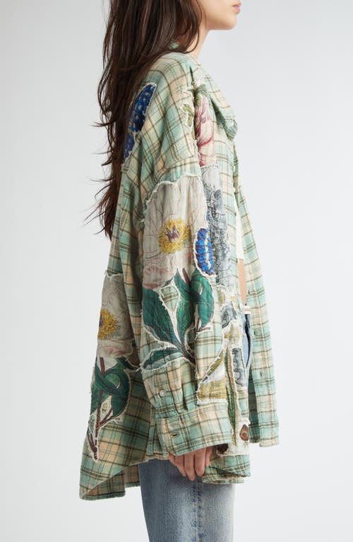 R13 Drop Neck Floral Patch Plaid Button-up Shirt In Light Green Plaid Applique