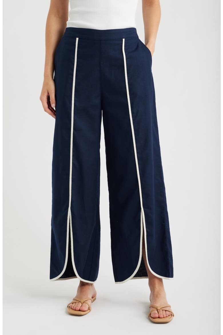 Piped High Waist Split Hem Cotton & Linen Pants, Main, color, DARK INDIGO